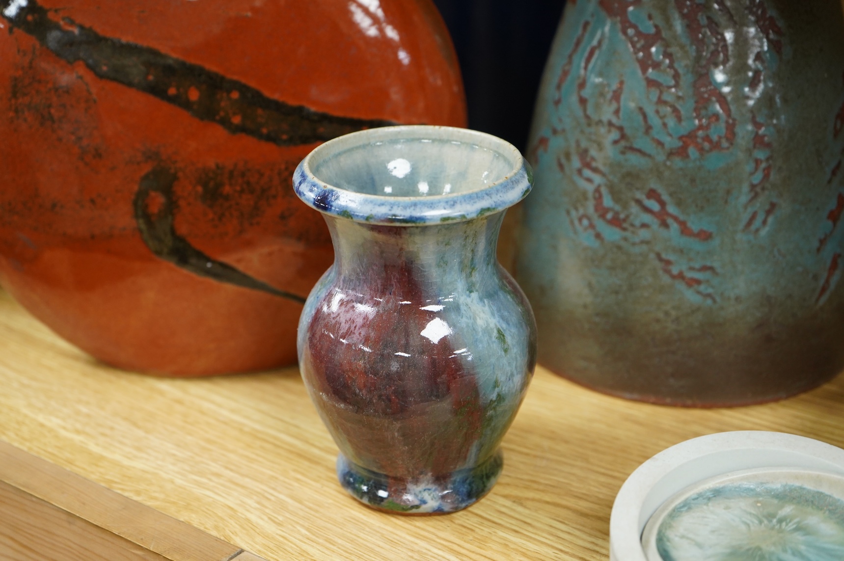 A collection of studio pottery to include crystalline glazed works by Stephen R Jones Des, Brighton, vases and a pair of dishes, largest 22cm high